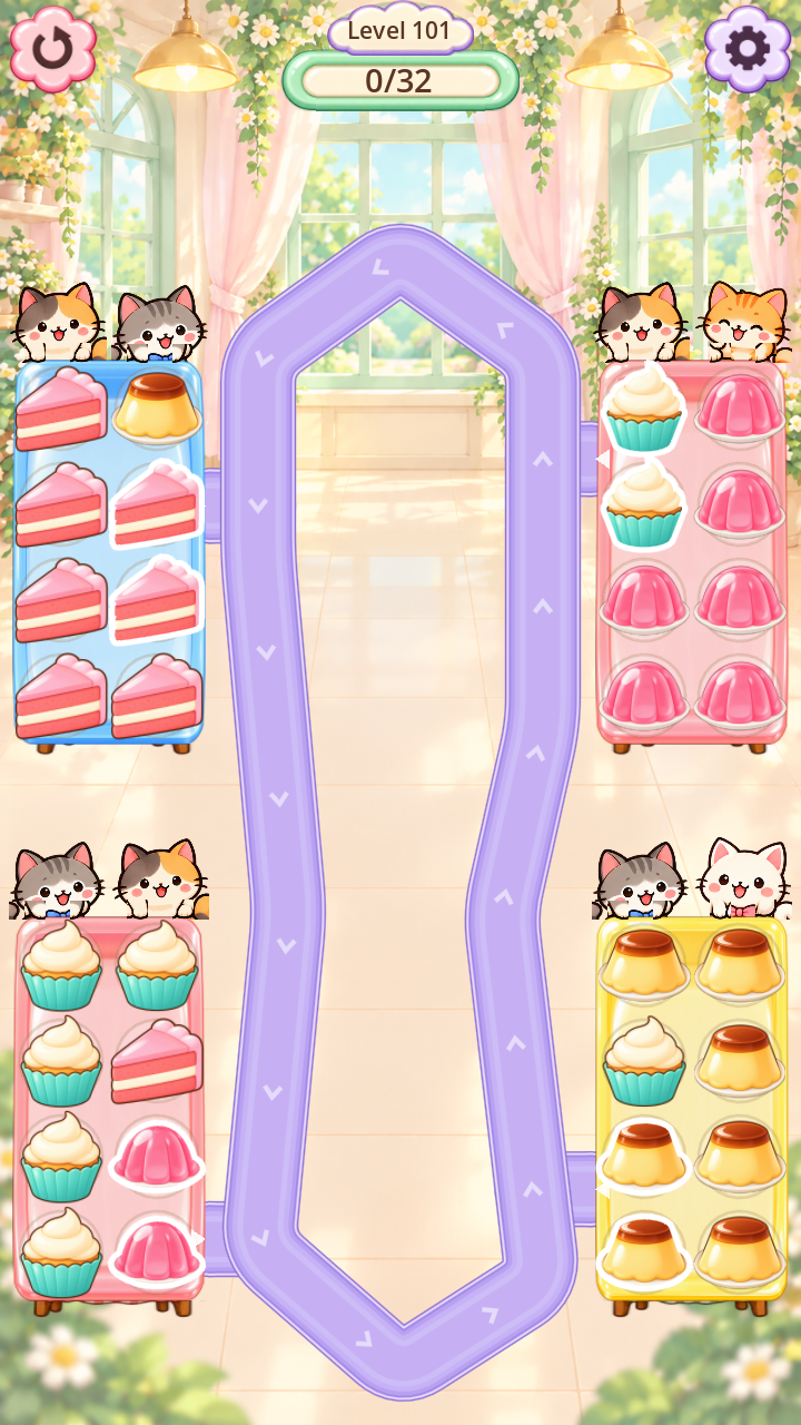 Level 101 with cake, pudding, cupcakes and jelly around a lavender conveyor