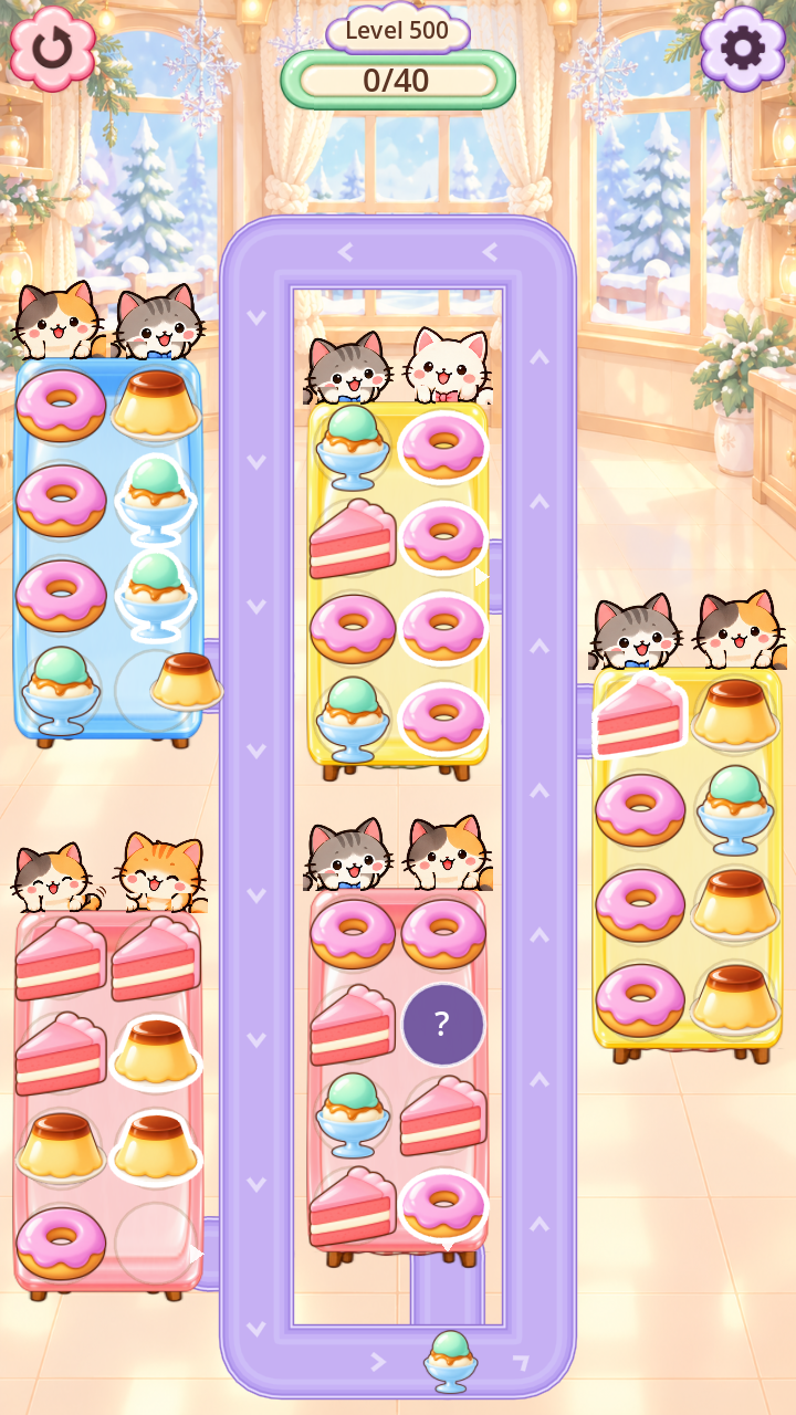 Level 500 in a snowy café with five tables of colorful desserts
