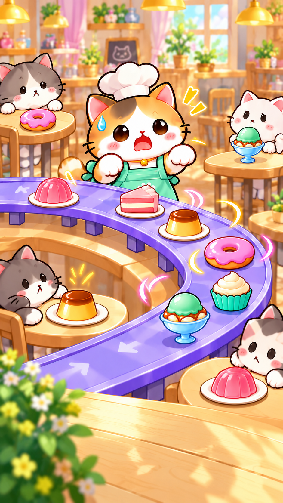 A surprised cat chef discovers desserts going to the wrong tables