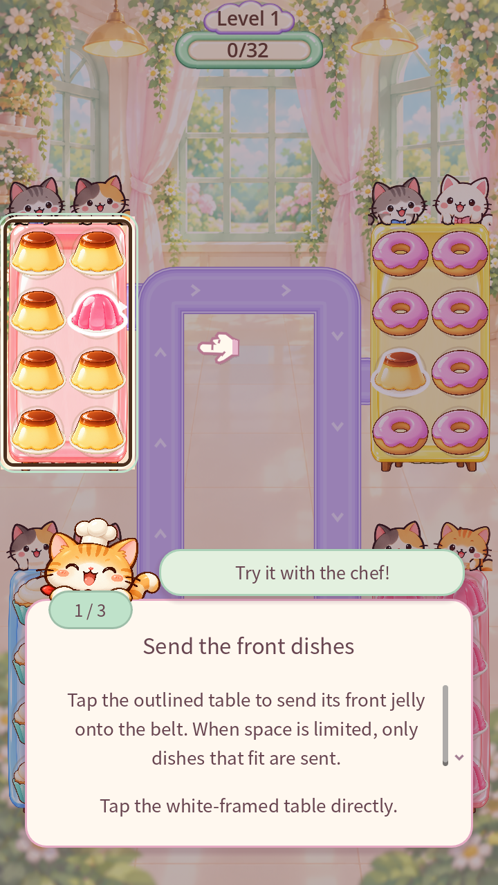 English guided tutorial: the orange chef explains how to send the front jelly onto the conveyor