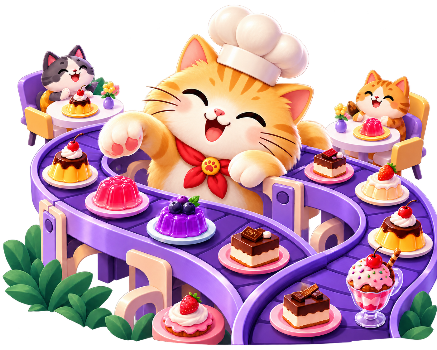 Orange tabby chef with a cream muzzle, white chef hat and red neckerchief, surrounded by desserts and café guests